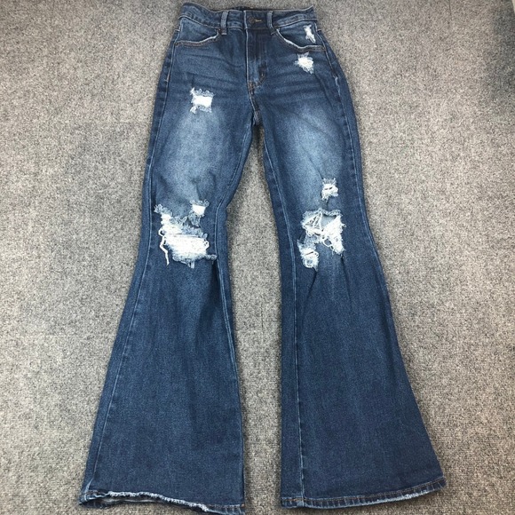 Almost Famous Denim - Almost Famous Distressed Flare Jeans Dark Wash High Rise Raw Hem Size 0